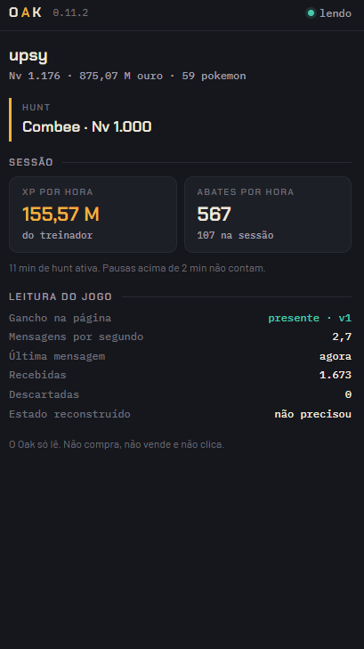 O painel lateral do Oak com a conta, a hunt atual, XP por hora, abates por hora e a leitura do jogo